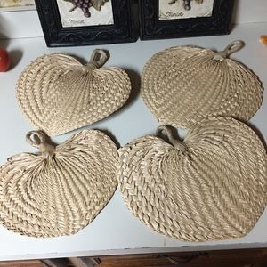 Set 4 Vintage Raffia Wicker Fans Boho Decor Woven
